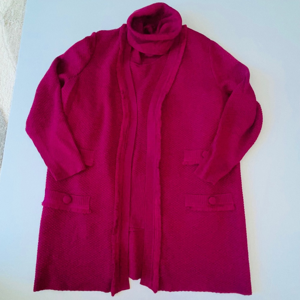 STIZZOLI 100% Wool 2-Piece Sweater Set Cardigan Cowl Neck Top Magenta XL